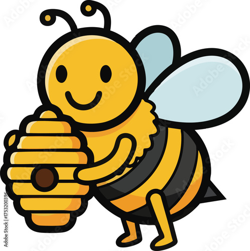 Cute cartoon bee holding a beehive illustration.