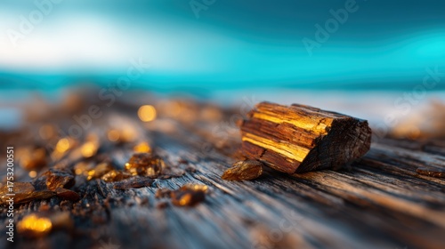 An artistic macro shot of a wooden piece alongside amber stones on a textured surface, evoking feelings of warmth, nature, and tranquility in a serene environment.