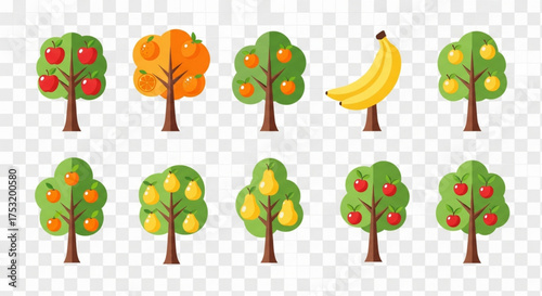 Illustration of various fruit trees with different fruits such as apples, oranges, bananas, and pears on a transparent background for design purposes