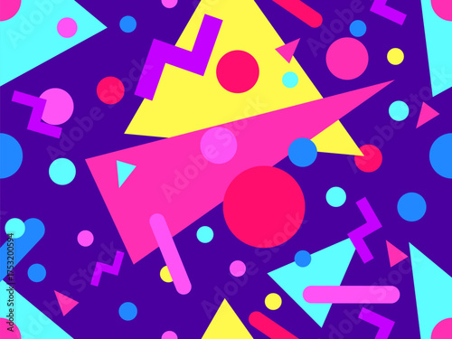 Geometric seamless pattern in 80s style. Colorful pattern with different geometric shapes. Design for packaging, covers, wrapping and promotional products. Vector illustration