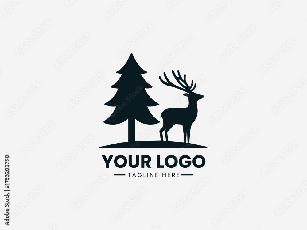 Naklejka premium Deer tree vector logo showing elegant forest animal standing under natural tree design