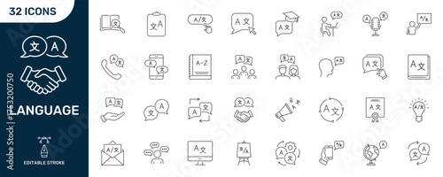 Language And Communication Line Icon Set. Translation, Dialogue, And Multilingual Education Outline Symbols. Editable Stroke. Isolated Vector Illustration