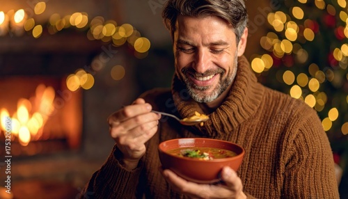 Man eats soup from bowl person dines on warm soup man eats soup from bowl man eats