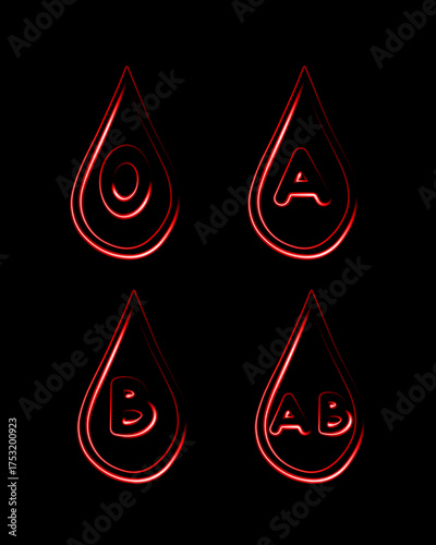 Vector isolated illustration of human blood types with neon effect.