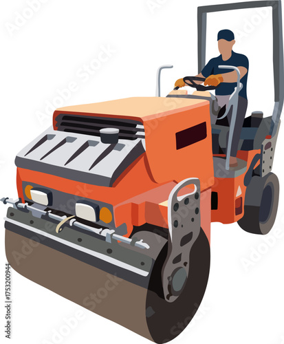 Vector isolated illustration of an asphalt paver. Worker rolling asphalt.