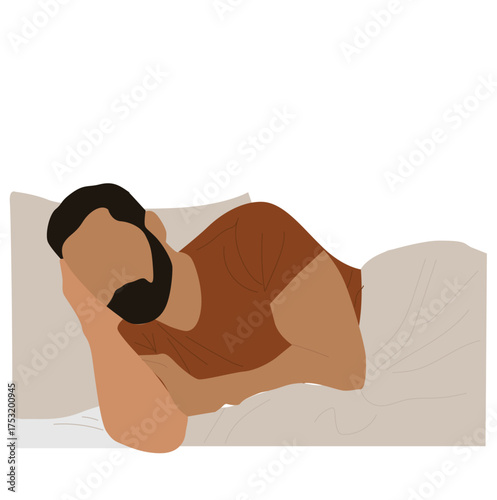 man sleeping covered in bed sheets. Young man sleeping on the bed. Guy lying on comfortable bed and pillow.
