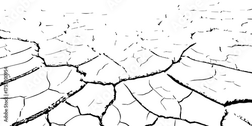 Cracked dry soil texture background in black and white. Drought land surface showing parched earth and environmental dryness. Perfect for climate change, desert, and natural texture design themes.