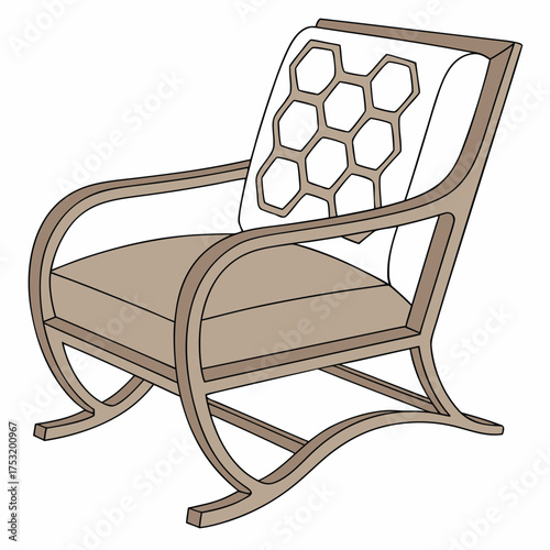 A wooden armchair is shown with a curved frame, light brown seat cushion, and a white back cushion. A decorative pillow with a brown hexagonal pattern adds a modern touch to the comfortable design.