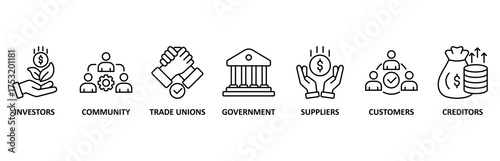Stakeholder relationship banner web icon vector illustration forstakeholder, investor, government, and creditors with icon of community, trade unions, suppliers, and customers