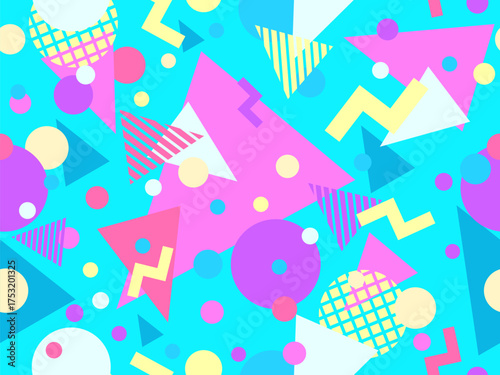 Geometric seamless pattern in 80s style. Colorful pattern with different geometric shapes. Design for packaging, covers, wrapping and promotional products. Vector illustration