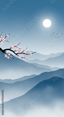 Serene celestial night with misty blue mountains, full moon, and delicate cherry blossom branch, inspired by traditional ink wash painting style