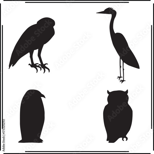 Bird Silhouettes Set - Owl, Heron, Falcon, and Penguin Icons for Nature, Wildlife, Avian, and Birdwatching Design