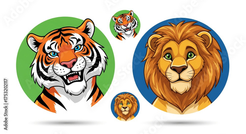 Cartoon tiger and lion head vector illustration cute animal logo template creative design for print, web, and decoration happy and friendly