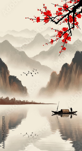 A serene and traditional Asian landscape of misty mountains and a lake, a beautiful ink wash painting style vector artwork