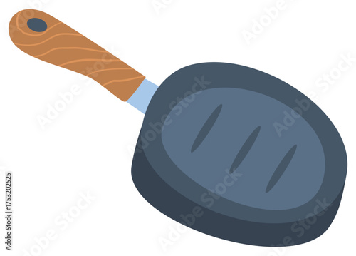 Camping black frying pan with brown wooden handle for cooking delicious outdoor meals. Ideal for camping product promotions and outdoor cooking ads.