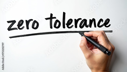 Man writing zero tolerance text with a marker on a white background. Hand underlines the words. A business concept for a strict policy, rule against harassment, crime, bullying and discrimination.