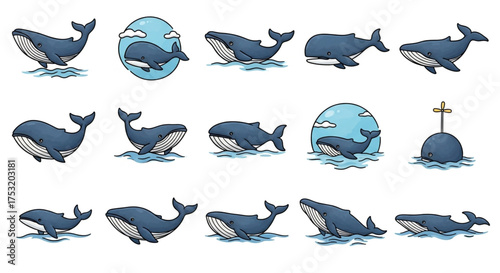 Collection of charming cartoon whale illustrations, showcasing their playful nature and marine beauty in various poses and settings