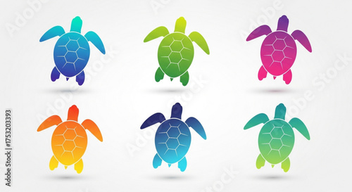 Vibrant collection of sea turtle illustrations, showcasing their colorful shells and graceful movements in a variety of hues