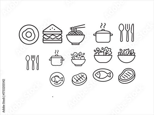 Outline Icon Set for Main Courses Dining and Cooked Food