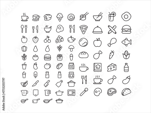 Large Outline Icon Set for Food, Cuisine, and Kitchen