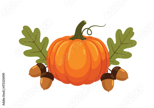 A festive pumpkin surrounded by autumn leaves and acorns.
