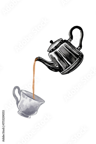 teapot with tea cafe watercolor hand drawn on transparent background