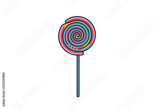 A colorful swirl lollipop on a stick with pink blue and yellow candy.