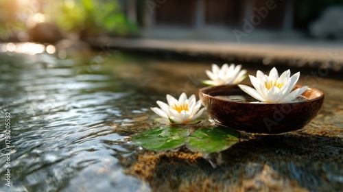 Graceful water lilies float serenely in a gentle stream, creating a picturesque scene that celebrates nature's beauty and tranquility in a harmonious setting.