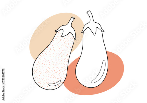 Two ripe eggplants with subtle stippling and outlined details are presented.