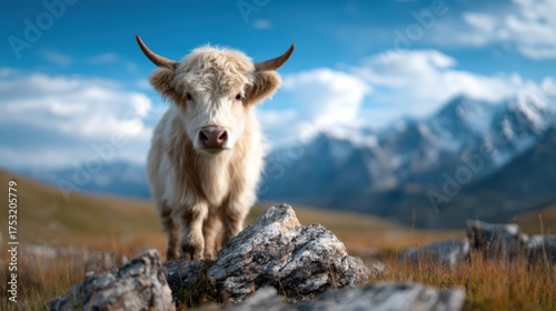 A charming highland cow stands majestically amidst a breathtaking landscape, capturing the beauty of nature and the tranquility of rural life in the great outdoors.