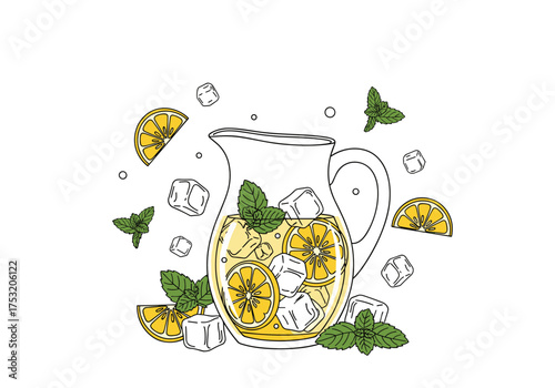 Refreshing iced tea with mint and lemon slices served in a pitcher.