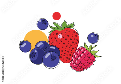 A vibrant collection of fresh red strawberries ripe blueberries and juicy raspberries presented in a delightful artistic arrangement.