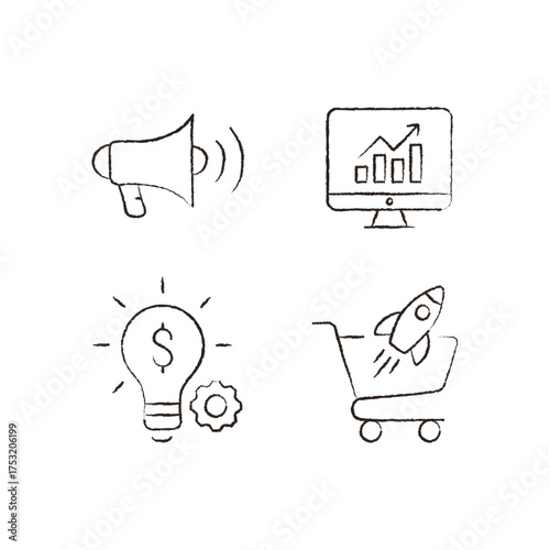 Minimalist marketing and advertising icons set — megaphone, growth chart, lightbulb with dollar and gear, and shopping cart with rocket symbolizing product launch and e-commerce innovation.