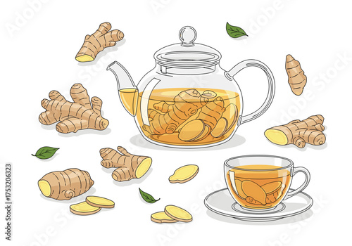 Aromatic ginger tea brewed in a glass teapot with fresh ginger roots and leaves.
