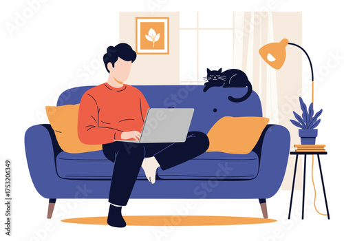 A person works on a laptop while sitting on a couch with a cat.