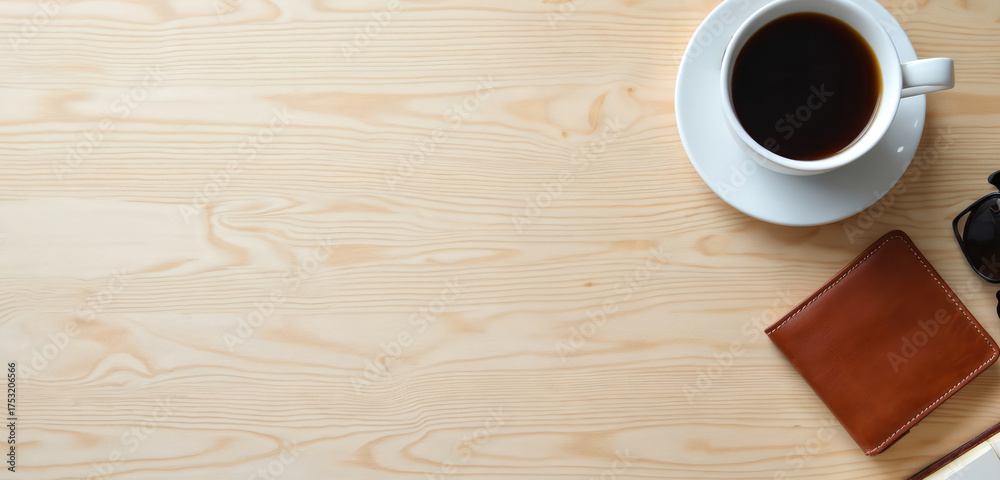 Obraz premium Overhead view shows table with coffee sunglasses and wallet. Light wooden texture background. Lifestyle concept. Drink in cup and place for notes. Good morning mood with fashion style elements.