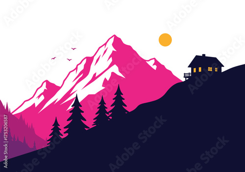 A cozy cabin nestled on a hillside with majestic pink mountains in the background.