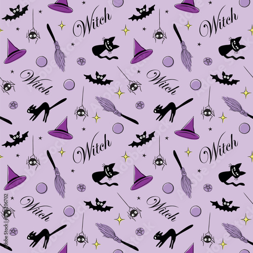Halloween seamless pattern with witch symbols - cat, bat, broom, witch hat and pentagram. Cute seamless pattern, background of magic elements. Power girls theme. Holiday decor