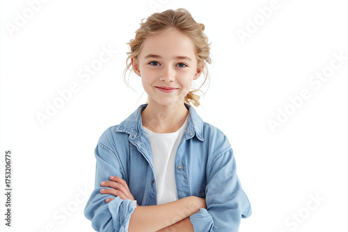 happy young girl casual outfit arms crossed background