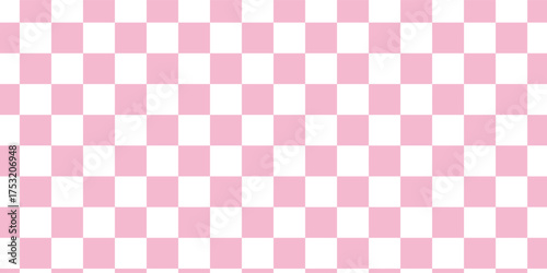 Checkerboard banner. Pink and White colors of checkerboard. Small squares, small cells. Chessboard, checkerboard texture. Squares pattern. Background. Repeatable texture.