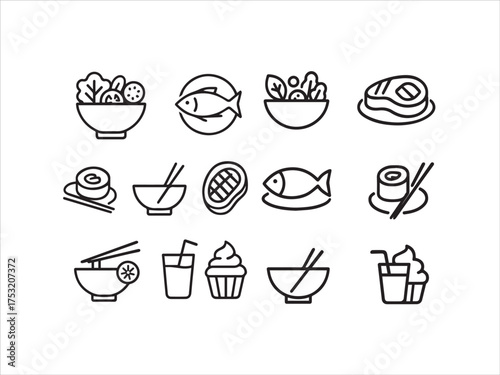 Outline Icon Set for Restaurant Menu and Food Items