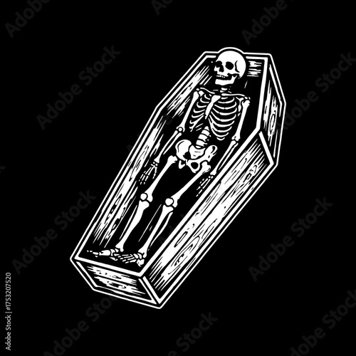 vector illustration of a human skeleton in a coffin