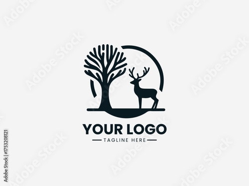 Forest venison vector logo showing wild deer silhouette in natural woodland landscape design