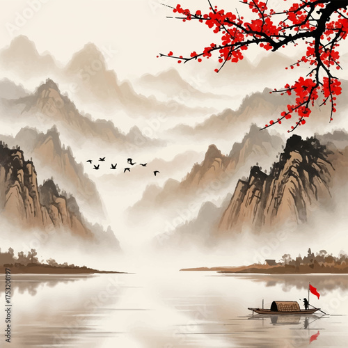 A tranquil Chinese ink wash painting depicting a serene mountain landscape with a calm lake, flying birds, and red blossoms