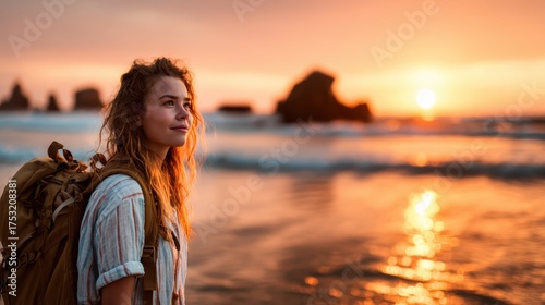 A serene and reflective image of a young woman standing at the beach, gazing into the horizon as the sun sets, symbolizing adventure and personal growth in nature.