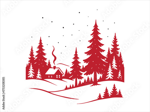 Red Monochrome Winter Forest Cabin Scene