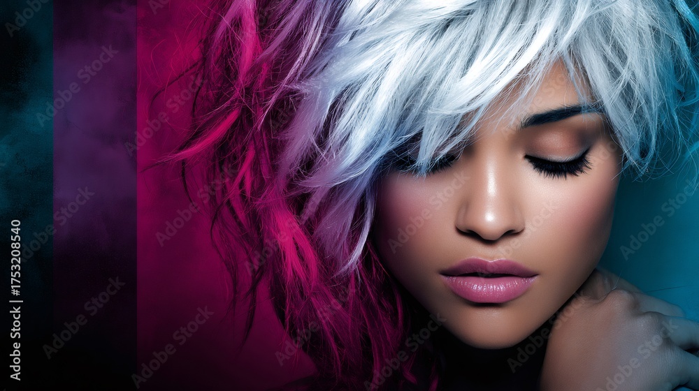 Fototapeta premium Woman with colorful dyed hair and natural makeup