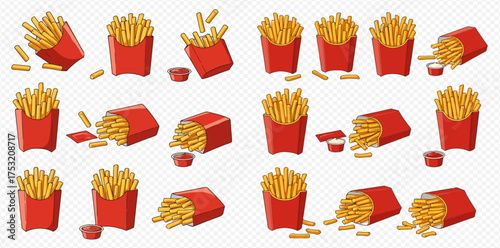 Cartoon illustration of multiple servings of French fries in red containers, some with dipping sauce.