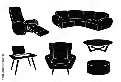 Modern furniture silhouette vector illustration set scalable eps for design projects interior decor elements silhouette vector illustration white background