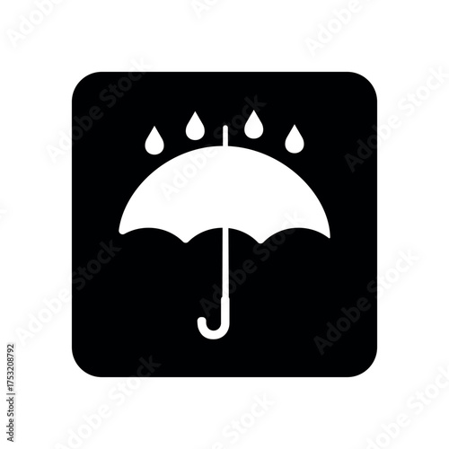 Keep dry packaging vector symbol on black background. Umbrella solid sign with raindrops and square frame. Handling package inversion icon.	